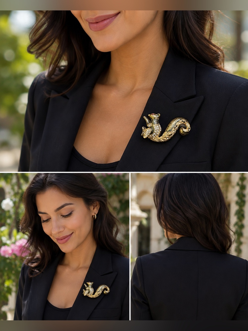 Gold, Black, & Charcoal Crystal Squirrel Brooch - Picture 7 of 7
